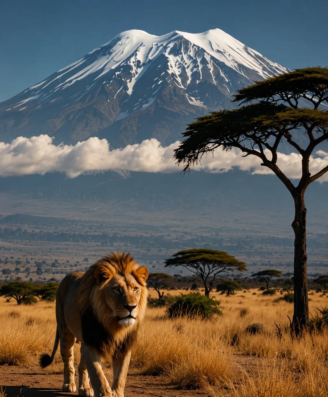 Lion in front of Mount Kilimanjaro